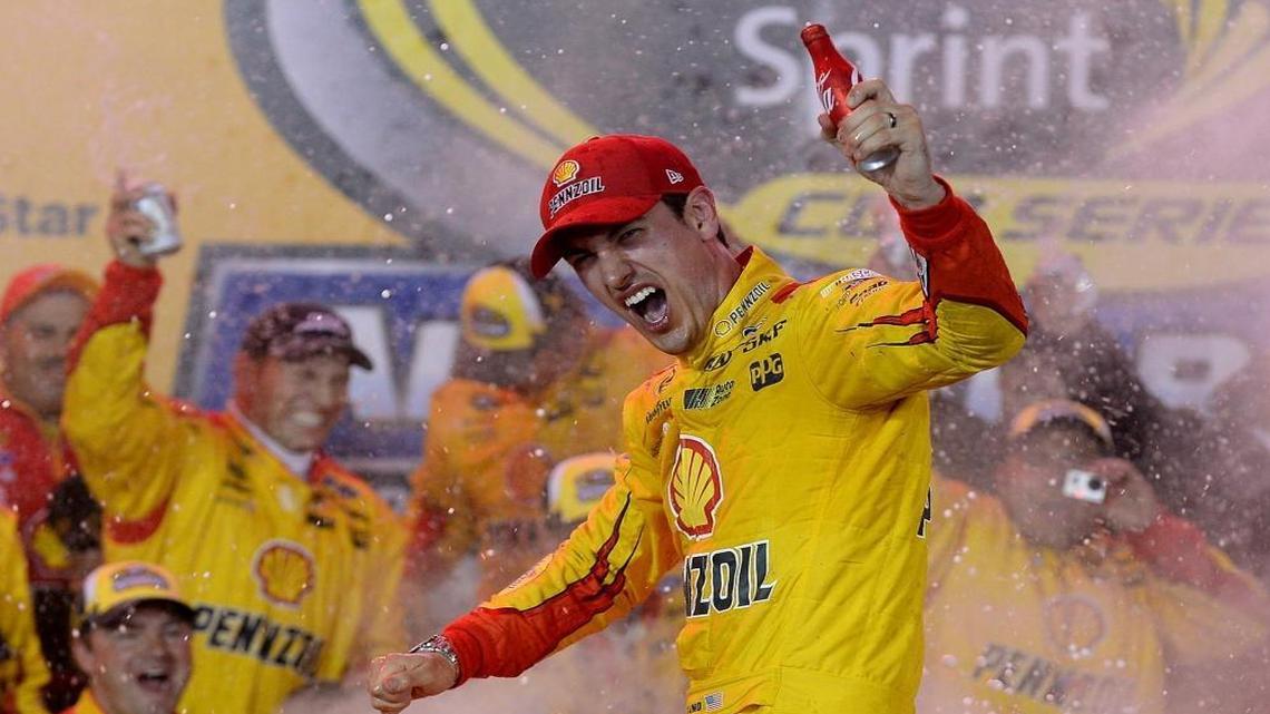 NASCAR Sprint Cup Series driver Joey Logano celebrates his victory in Saturday’s NASCAR Sprint All-Star race at Charlotte Motor Speedway.
