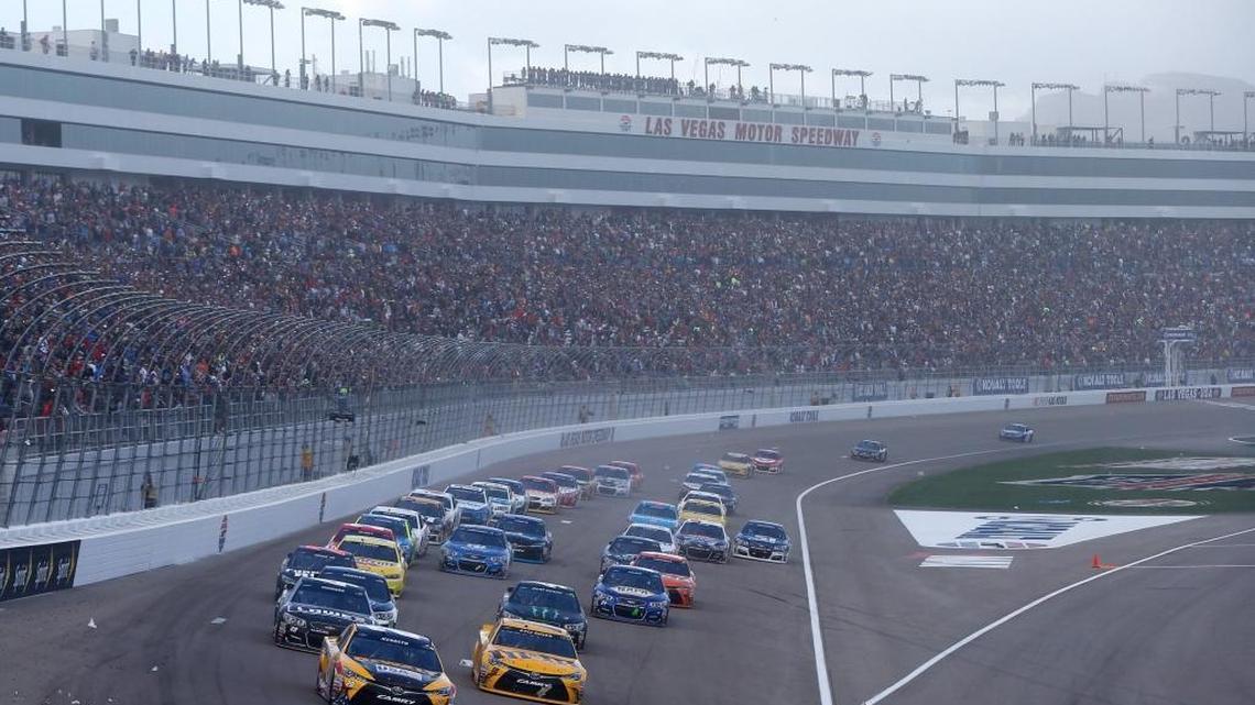 Matt Kenseth leads the field during a sand storm over the track in Sunday’s Kobalt 400 at Las Vegas Motor Speedway.