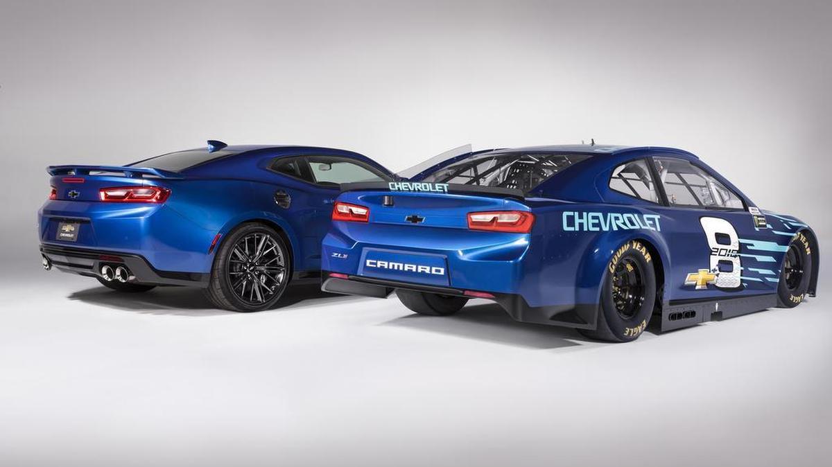 Chevy’s unveiling on Thursday of its 2018 Chevrolet Camaro ZL1 for NASCAR’s Cup Series included several photos of the race car, right, and its street counterpart side by side.