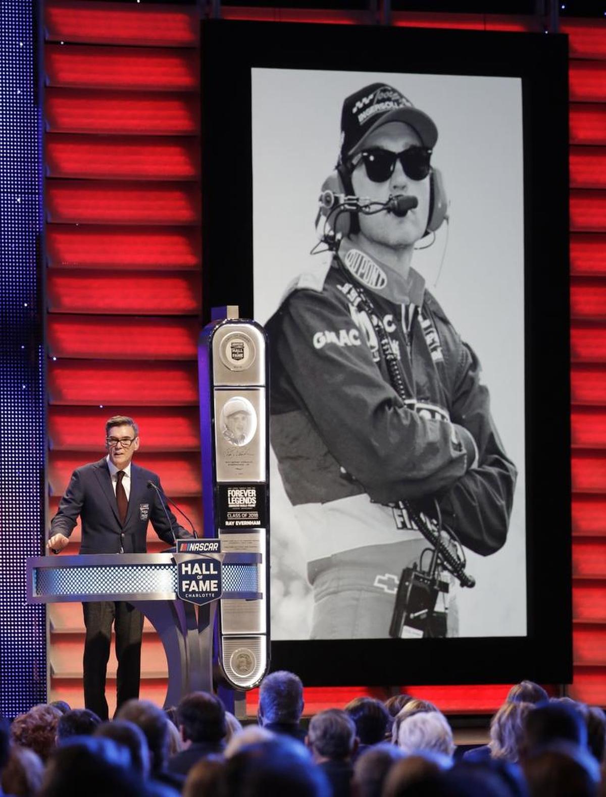 Ray Evernham speaks after being inducted into the NASCAR Hall of Fame on Friday.