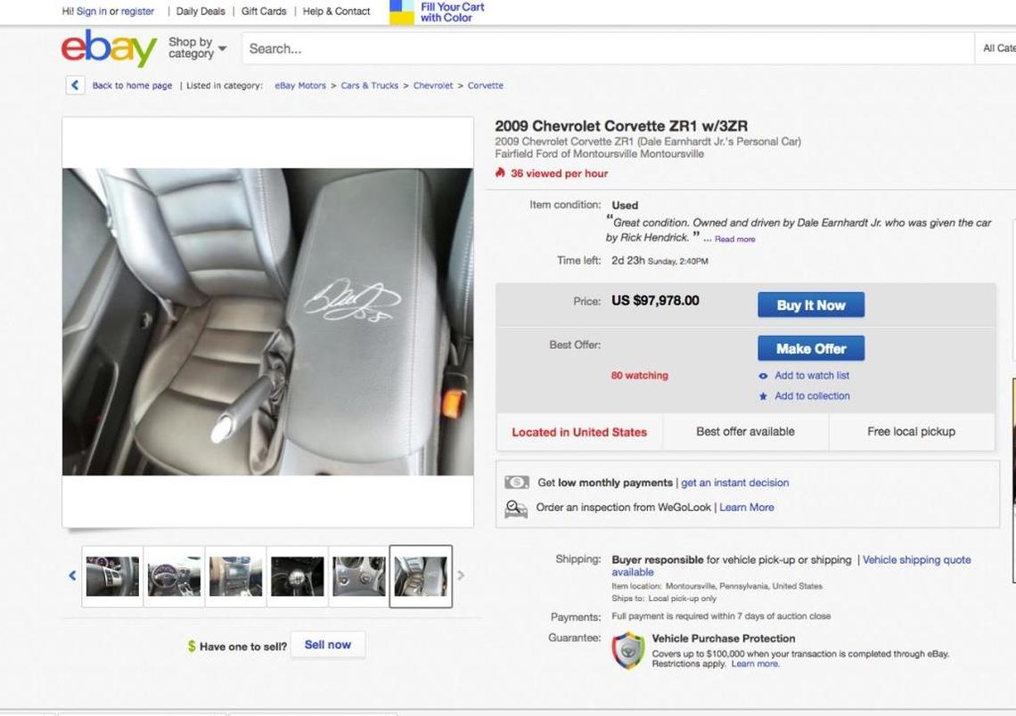This screenshot of the listing shows what appears to be an autographed console. The listing states that the Corvette was “Owned and driven by Dale Earnhardt Jr. who was given the car by Rick Hendrick.”