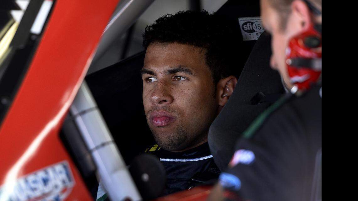 
NASCAR Xfinity Series driver Bubba Wallace waits in his car for the start of practice on Thursday at Charlotte Motor Speedway in Concord.
