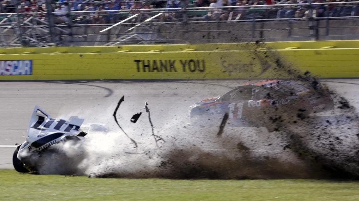Brad Keselowski spins into the infield during Sunday’s Sprint Cup Series race at Kansas Speedway in Kansas City, Kan.