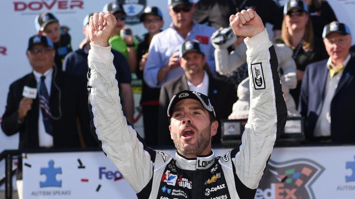 Jimmie Johnson, seen here after one of his dozens of victories in NASCAR Cup Series racing, announced Friday he will return as a stakeholder in Petty GMS Racing, and run a limited schedule in 2023.