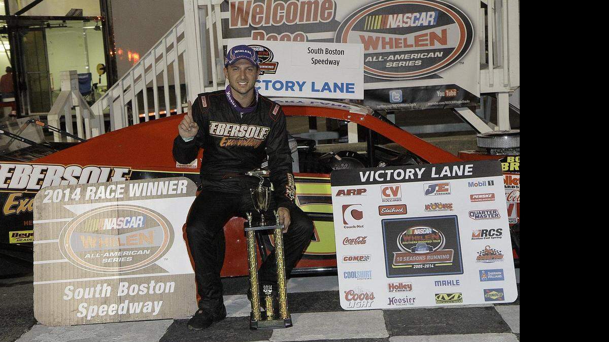 
Kyle Ebersole celebrates his second NASCAR Whelen Southern Modified Tour victory at South Boston (Va.) Speedway in 2014. 
