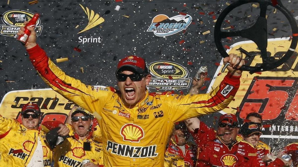 Race-winner Joey Logano, above, and reigning NASCAR Cup champion Kyle Busch advance to the Chase championship round along with Jimmie Johnson and Carl Edwards.
