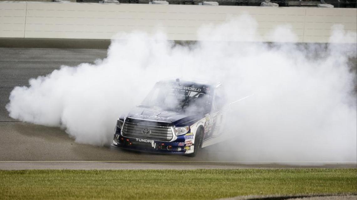 William Byron does a burnout after winning the NASCAR Truck Series race at Iowa Speedway on Saturday night.