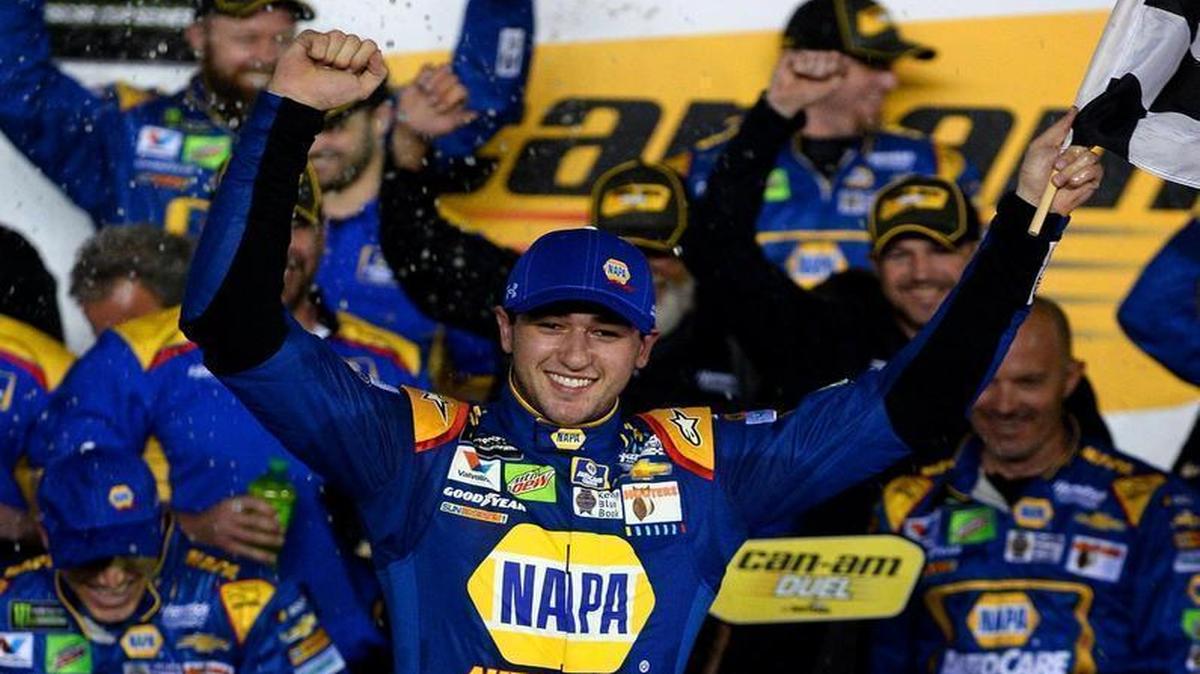 NASCAR driver Chase Elliott celebrates winning Thursday’s first Can-Am Duel race at Daytona International Speedway.