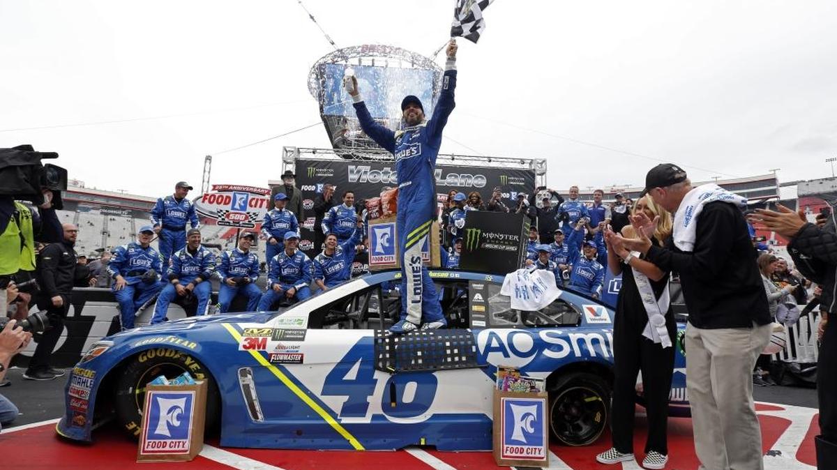 Driver Jimmie Johnson (48) celebrates after winning Monday’s rain-delayed NASCAR Cup Series race at Bristol Motor Speedway.