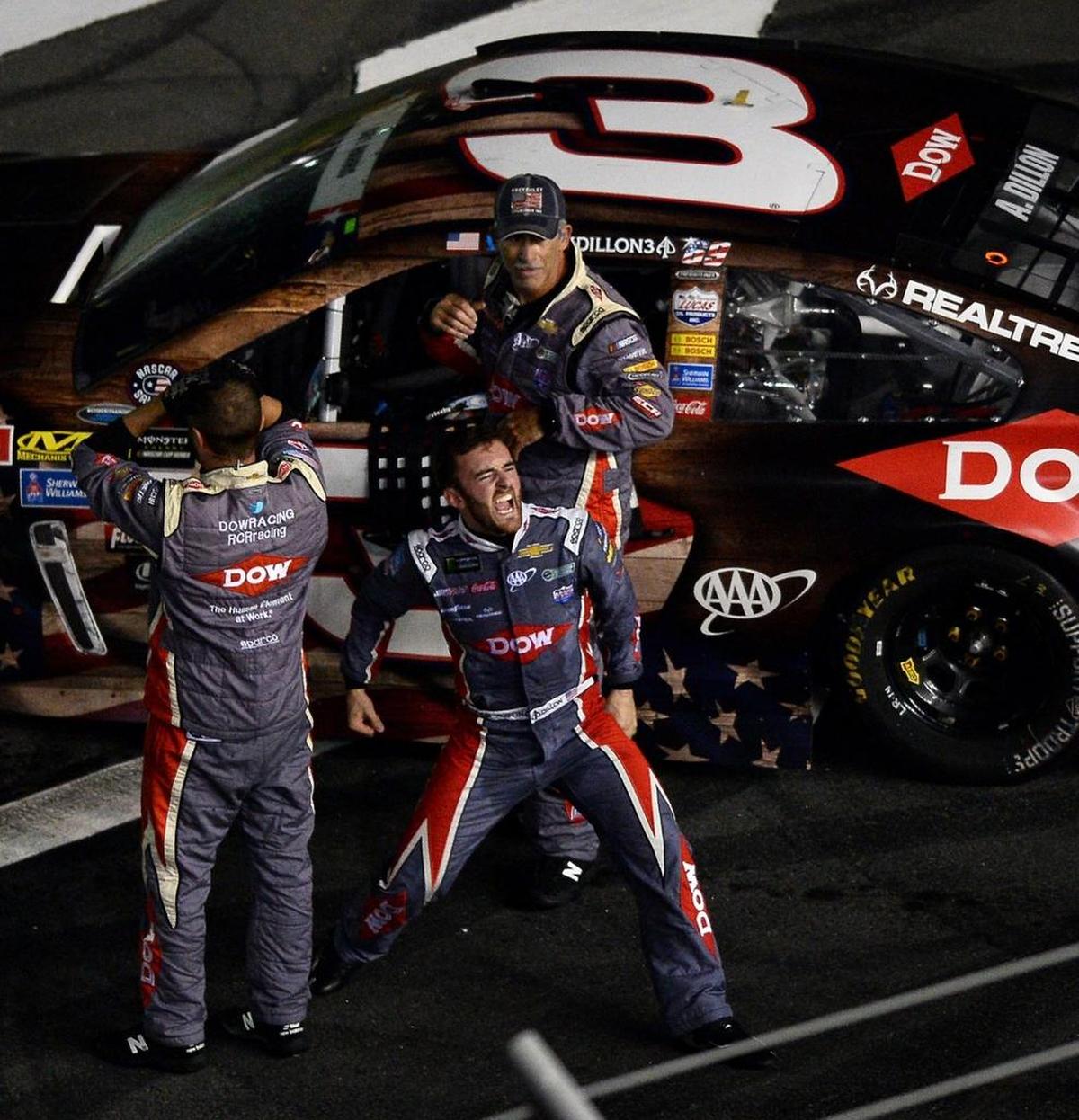 NASCAR driver Austin Dillon and his team celebrate winning the Coca-Cola 600 at Charlotte Motor Speedway on Monday, May 29, 2017.