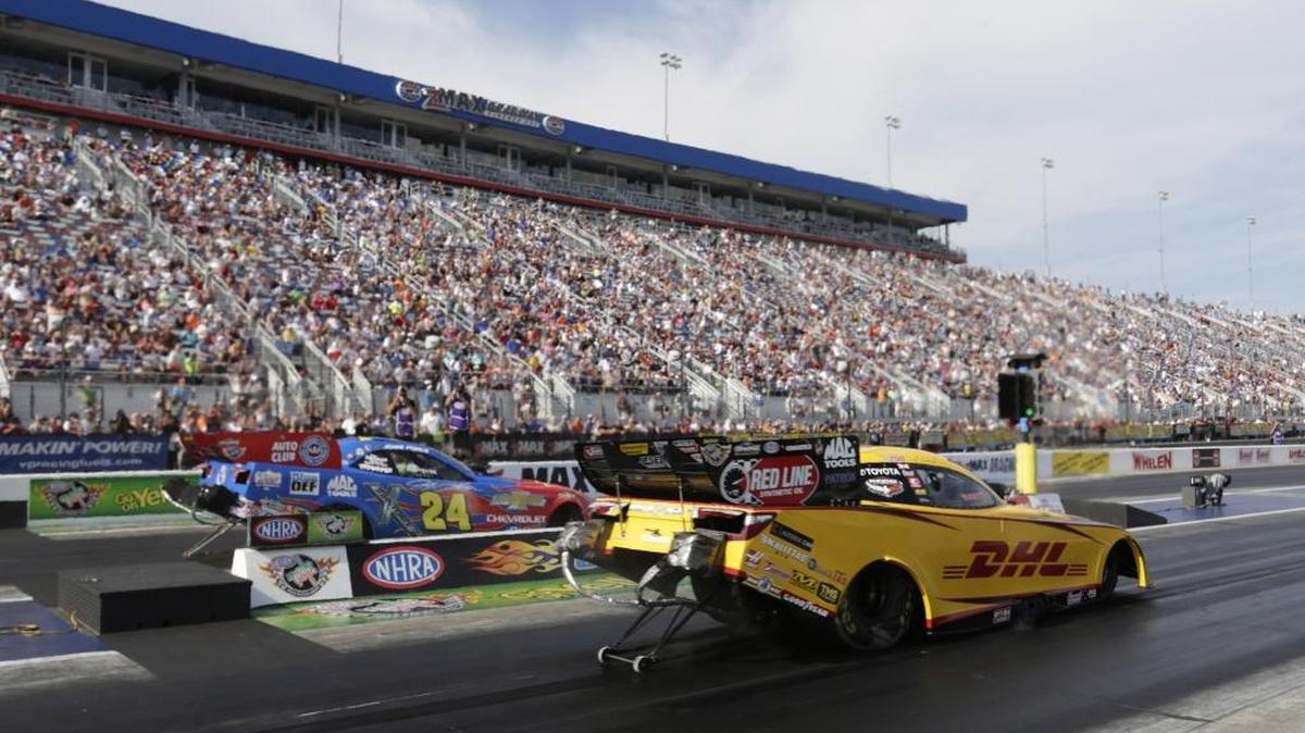 
Del Worsham, left, during the Carolina Nationals at zMAX Dragway in Concord squares off against John Force.


