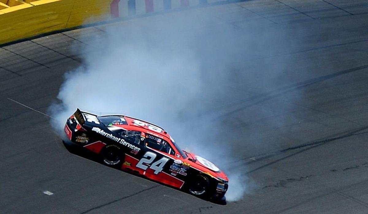 NASCAR Xfinity Series driver Cale Conley slides sideways out of Turn 4 Saturday’s Hisense 4K TV 300 at Charlotte Motor Speedway.