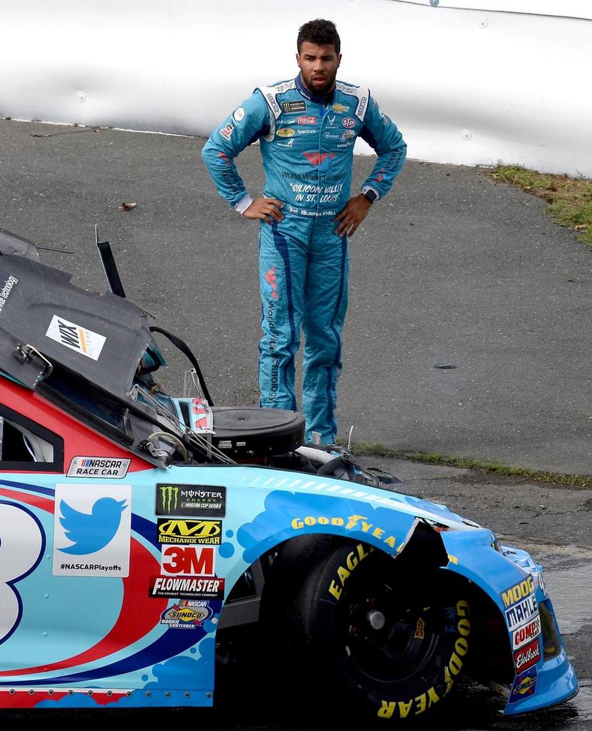 NASCAR Cup driver Bubba Wallace crashed his car in Turn 12 at Charlotte Motor Speedway on Saturday during practice for Sunday’s Bank of America ROVAL 400.