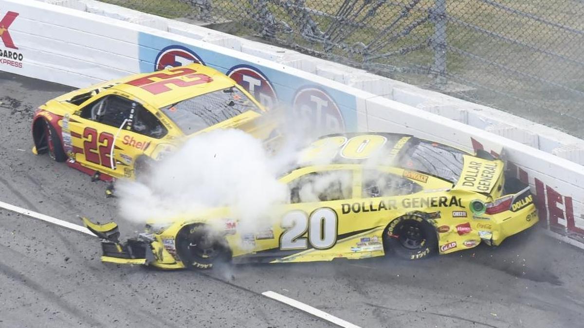 Joey Logano (22) had a strong shot at last season’s Cup championship until he was taken out in this wreck by Matt Kenseth at Martinsville.