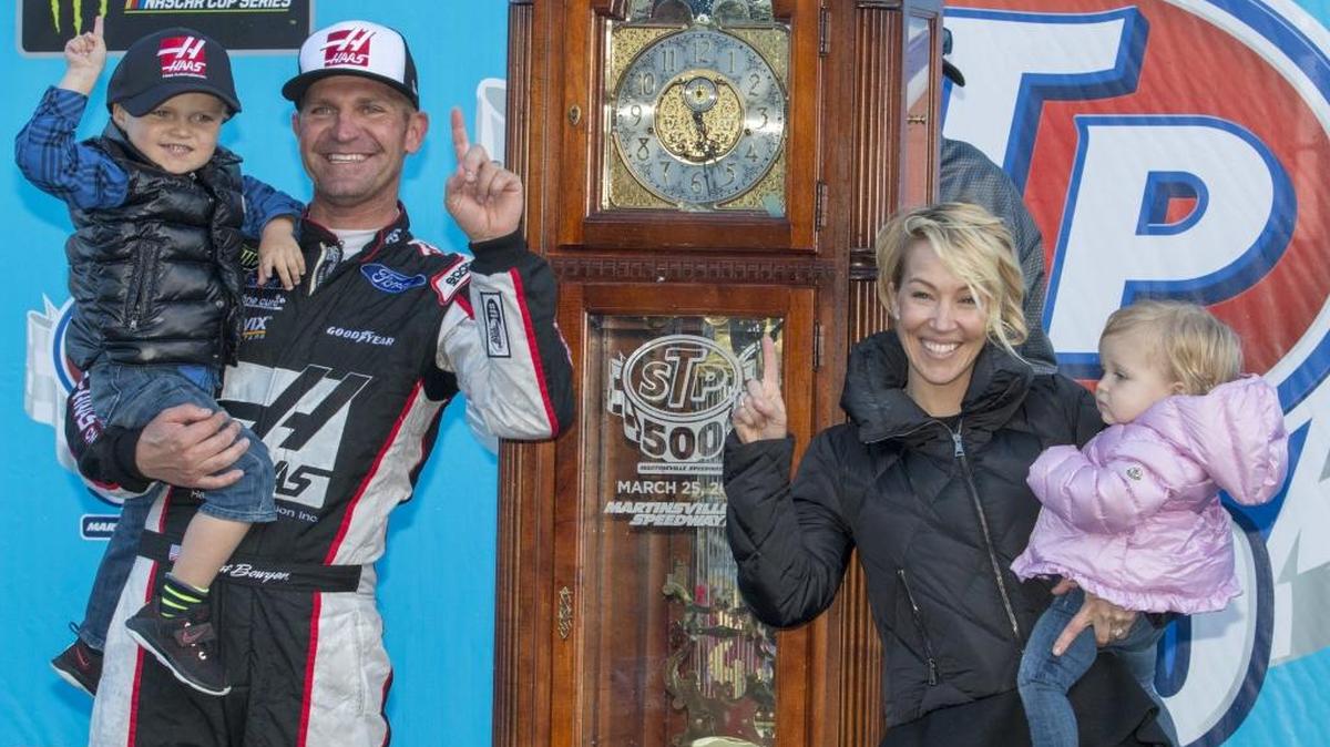 Clint Bowyercelebrates with his wife, Lorra, and children, Cash and Presley, after winning Monday’s snow-delayed NASCAR Cup Series race at Martinsville Speedway in Martinsville, Va., breaking a winless streak of nearly 2,000 days.