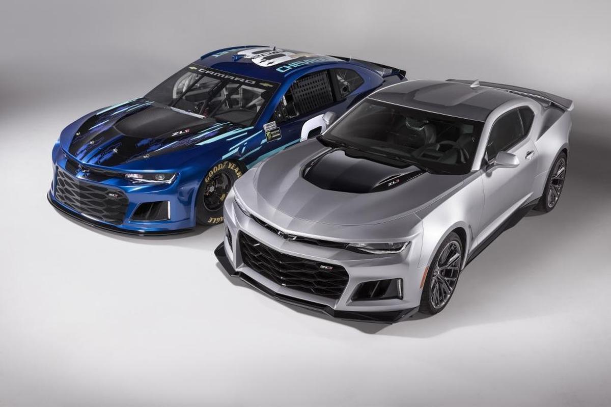 Chevy’s unveiling on Thursday of its 2018 Chevrolet Camaro ZL1 for NASCAR’s Cup Series included several photos of the race car, left, and its street counterpart, this one in silver, side by side.