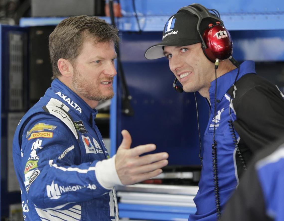 He hasn’t had a race-winning car all season, but with Dale Earnhardt Jr., left, it’s almost as important that he thinks he has a fast car as it is to actually have one. At right is his crew chief, Greg Ives.