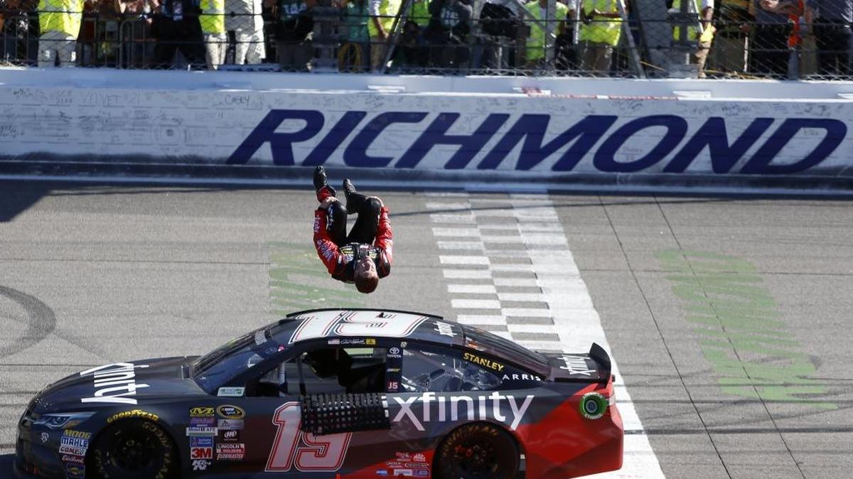 Carl Edwards said he “under-rotated” and hurt his foot doing this back flip after winning at Richmond International Raceway last week.