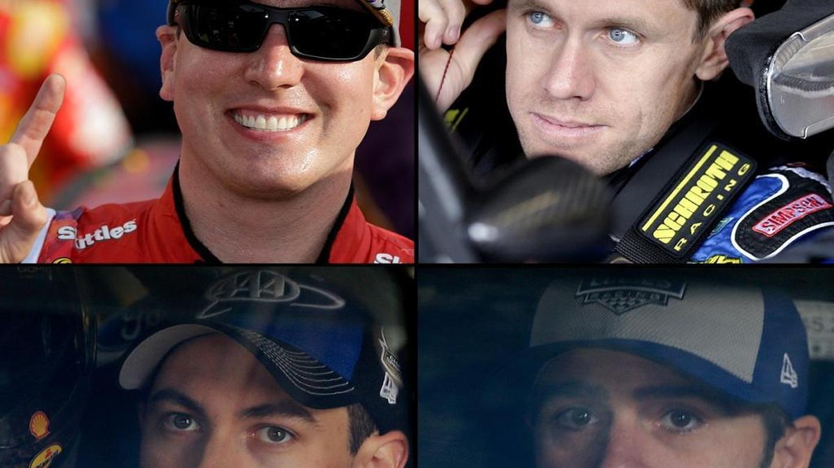 Kyle Busch, top left, clockwise, Carl Edwards, Jimmie Johnson and Joey Logano will go for NASCAR’s Chase championship Sunday in the Ford EcoBoost 400 at Homestead-Miami Speedway.