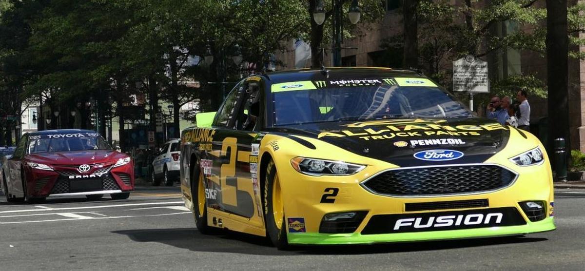 Team Penske driver Brad Keselowski, driver of the No. 2 Ford Fusion, kicked off Bank of America 500 race week by leading laps around Uptown during the Charlotte Motor Speedway Laps around Uptown in October.