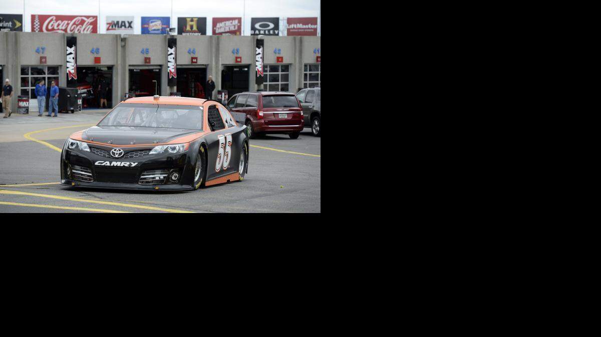 
Brett Moffitt heads out for a test spin as NASCAR Sprint Cup teams practice with new spoilers on their cars. 
