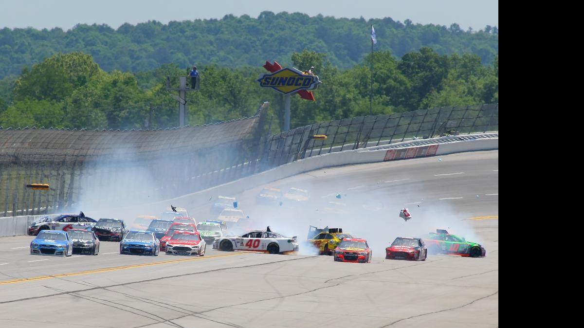 
Trevor Bayne (6), Landon Cassill (40), Joey Logano (22), Danica Patrick (10) and others are involved in a multi-car crash during the Talladega 500 NASCAR Sprint Cup Series auto race at Talladega Superspeedway, Sunday, May 3, 2015, in Talladega, Ala. 
