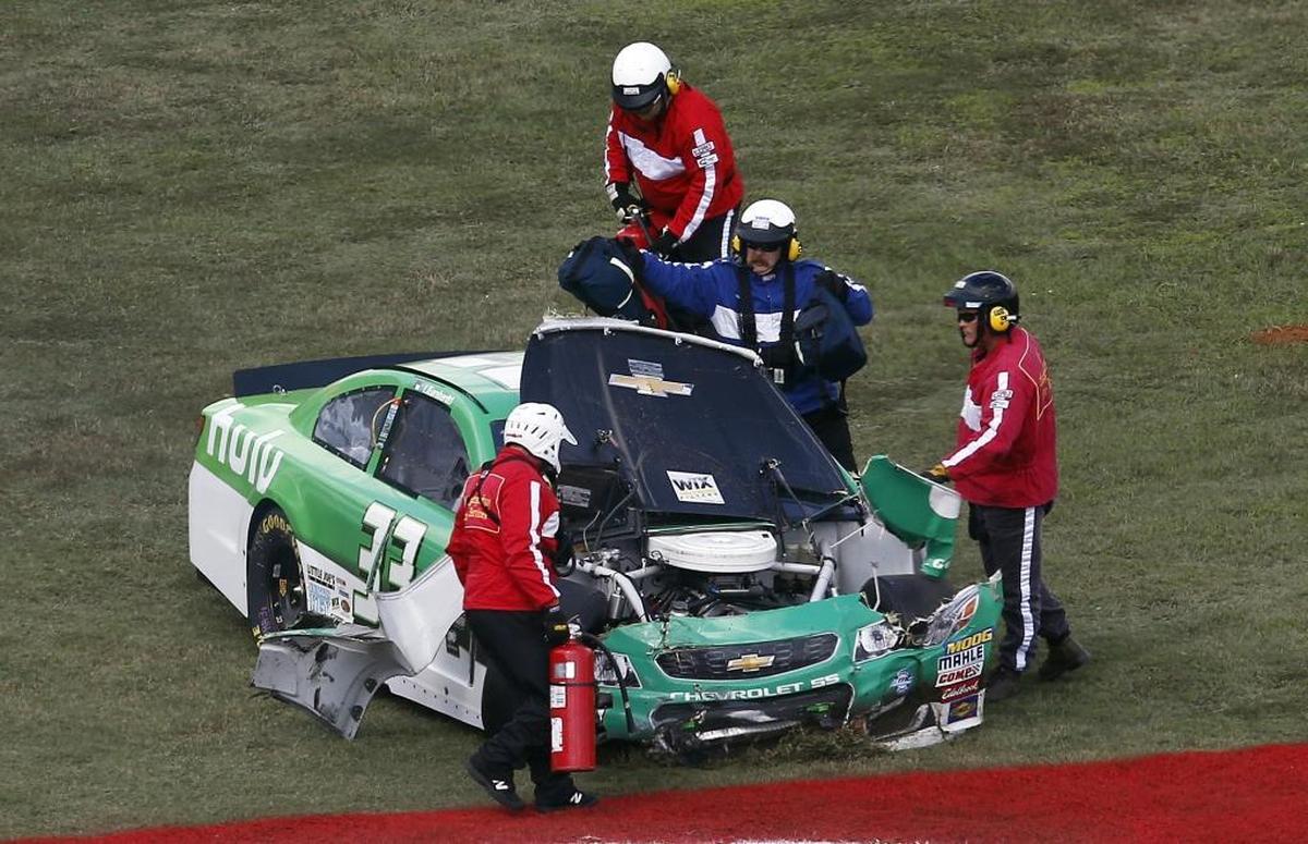 Jeffrey Earnhardt ran 58 Cup races, including 34 starts last season with Circle Sport/TMG. His career-best finish was 26th. Above, Jeffrey Earnhardt's car is checked after a wreck at Talladega Superspeedway on Oct. 15, 2017.