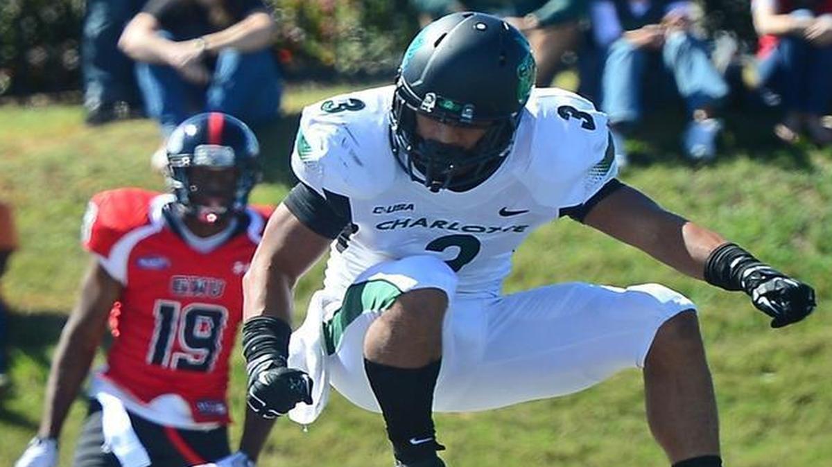 Former Charlotte 49ers defensive back Branden Dozier (3) hopes to jump into a career as a NASCAR pit crew member.