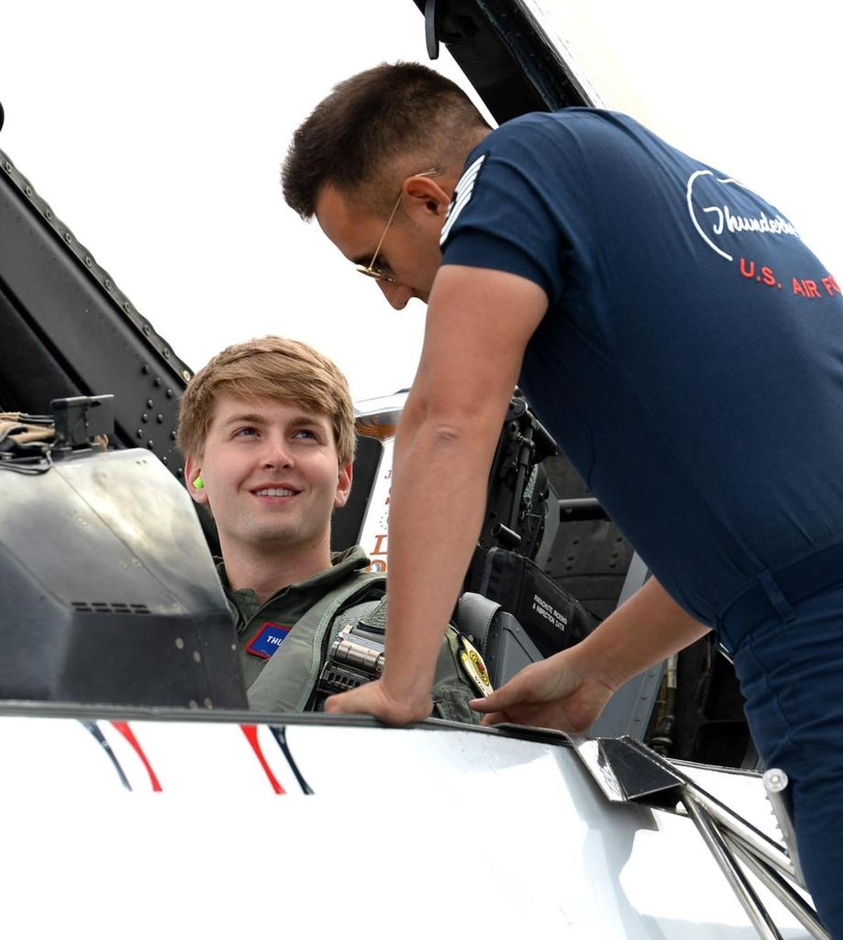 NASCAR driver William Byron, left, took an hour-long flight in a fighter jet on Tuesday, hitting up to 9-G’s at one point.