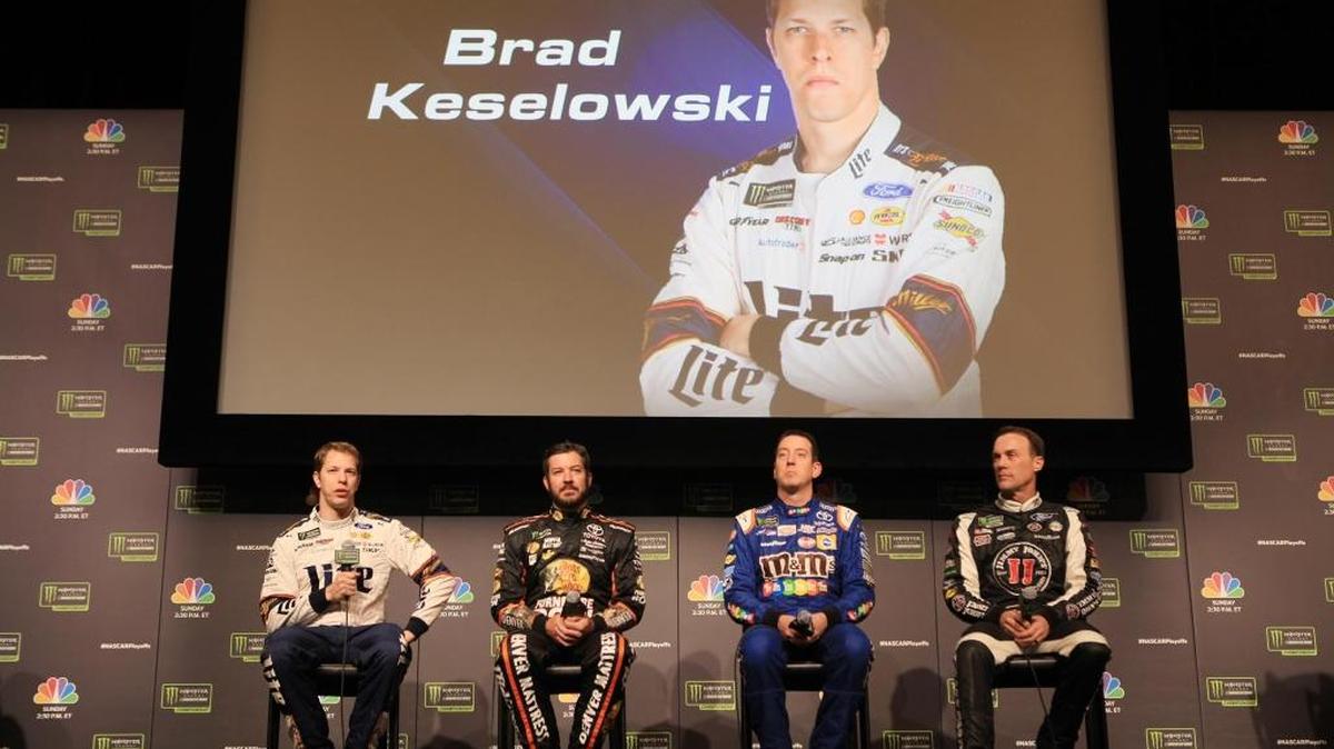 NASCAR driver Brad Keselowski (left) answers a question at the Championship 4 news conference on Thursday in Miami Beach, as Martin Truex Jr., Kyle Busch and Kevin Harvick listen. One of the four will earn a championship on Sunday at Homestead-Miami Speedway.