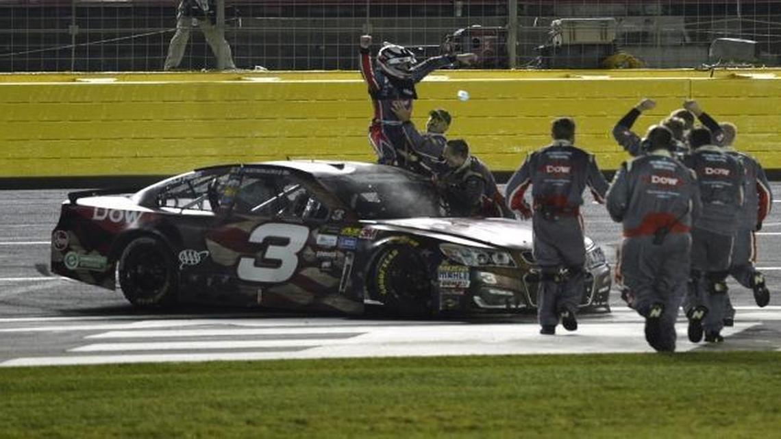 Austin Dillon celebrates after winning the 2017 Coca-Cola 600, Monster Energy NASCAR Cup Series race at Charlotte Motor Speedway.