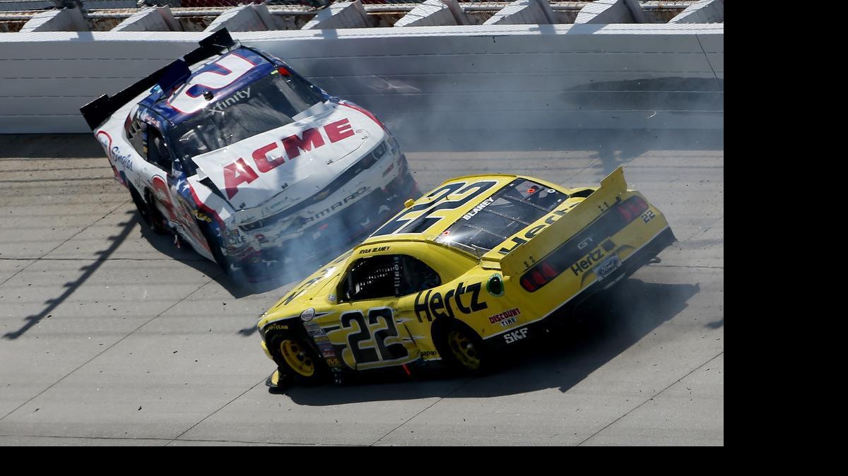 
Brian Scott and Ryan Blaney are involved in an incident during the NASCAR XFINITY Series Buckle Up 200 presented by Click It or Ticket at Dover International Speedway on Saturday, May 30, 2015 in Dover, Del.
