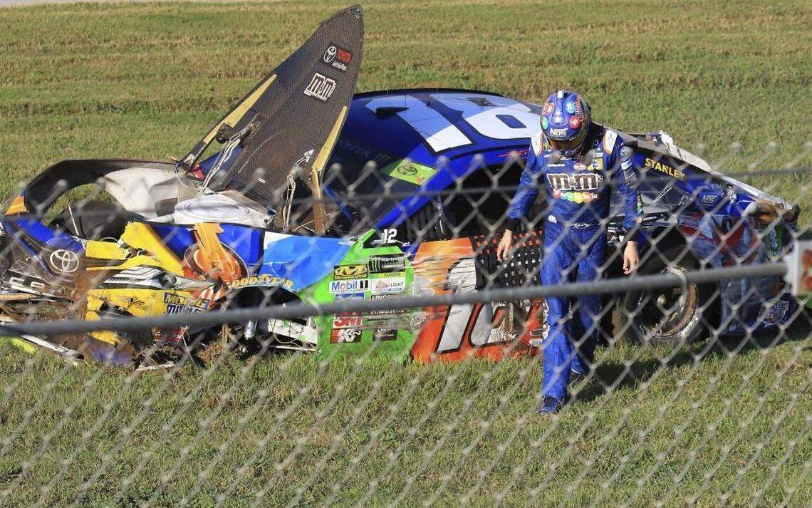 NASCAR driver Kyle Busch leaves his wrecked car during Sunday’s Cup Series playoff race at Talladega Superspeedway. In the span of two weeks, Busch has gone from championship contender to the cusp of elimination.