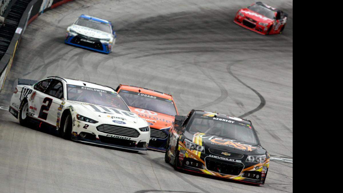 
Brad Keselowski and Joey Logano are involved in an on-track incident during the NASCAR Sprint Cup Series Food City 500 at Bristol Motor Speedway on Sunday, April 19, 2015 in Bristol, Tenn.
