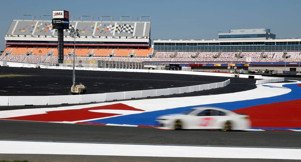 CHARLOTTE, NC - JULY 10:  A cup car drives through the Roval during testing at Charlotte Motor Speedway on July 10, 2018 in Charlotte, North Carolina.  (Photo by Bob Leverone/Getty Images)