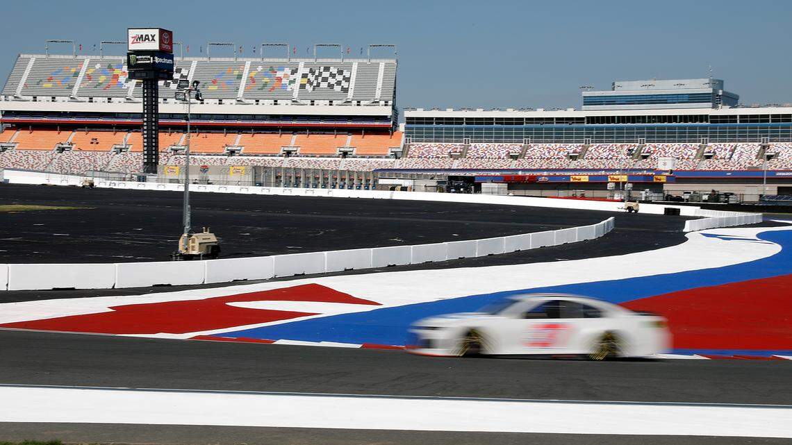 CHARLOTTE, NC - JULY 10:  A cup car drives through the Roval during testing at Charlotte Motor Speedway on July 10, 2018 in Charlotte, North Carolina.  (Photo by Bob Leverone/Getty Images)