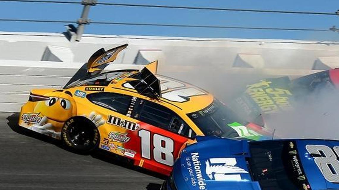NASCAR driver Kyle Busch (18) still hasn’t won the Daytona 500 and blamed Goodyear. Here, Busch gets involved in a wreck Sunday with Dale Earnhardt Jr. (88), Erik Jones (77) and Matt Kenseth (20).