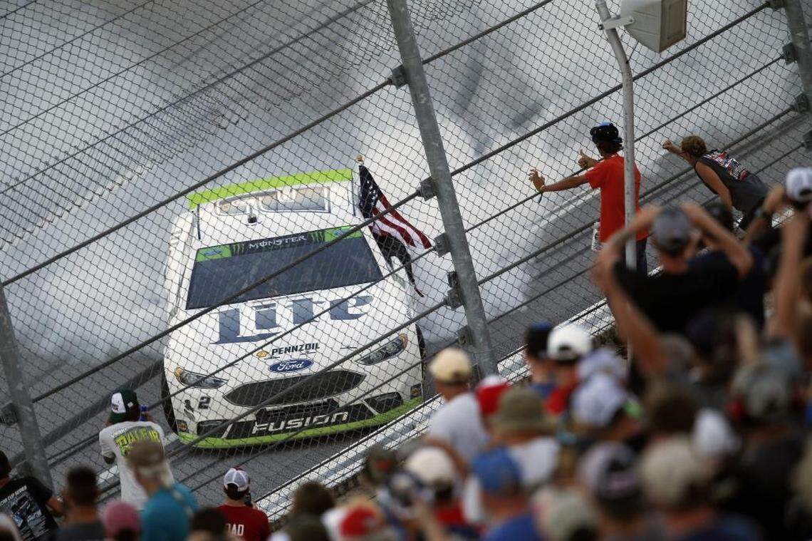 Brad Keselowski celebrates after winning Sunday’s Alabama 500 at Talladega Superspeedway.