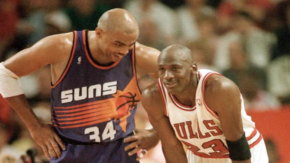 Charles Barkley talked recently about the amount of money that Charlotte Hornets owner Michael Jordan would be on the golf course. The two old friends and NBA legends are seen in a 1993 photo.(AP Photo/John Swart, File)