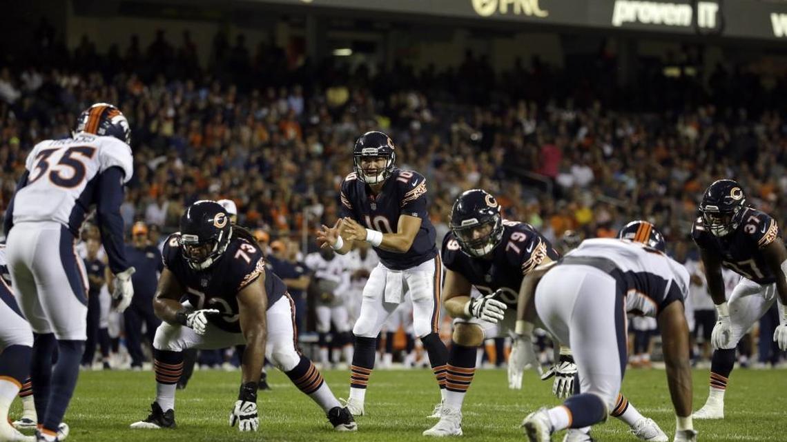Chicago Bears quarterback Mitchell Trubisky (10) calls a play during the second half of an NFL preseason football game against the Denver Broncos, Thursday, Aug. 10, 2017, in Chicago. (AP Photo/Nam Y. Huh)