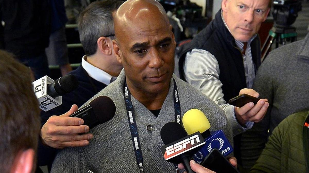 Carolina Panthers radio broadcast analyst Eugene Robinson speaks with reporters following a Super Bowl 50 press conference on Feb. 2 in San Jose, Calif. A Harvard study that is using some of the newest smartphone technology is aiming to help former players such as Robinson who are having health issues after they retire from the NFL.