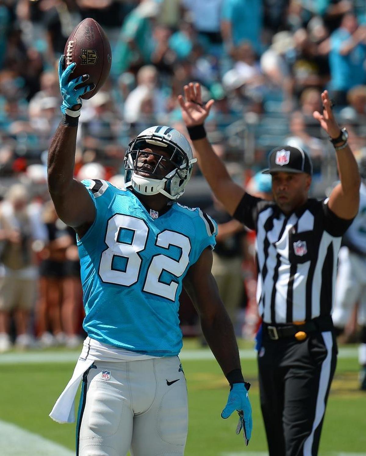 Carolina Panthers wide receiver Jerricho Cotchery celebrates his 7-yard touchdown reception from quarterback Cam Newton in 2015, his final season in the NFL.