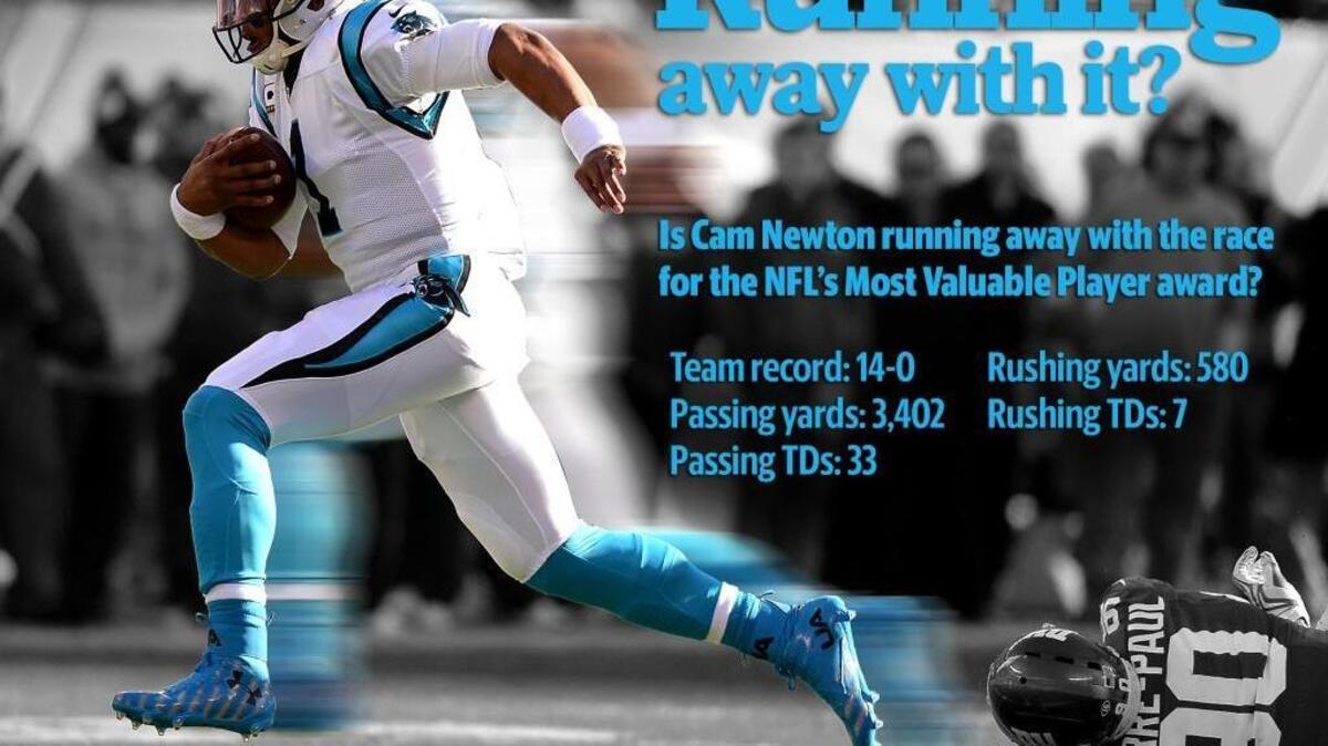 Panthers quarterback Cam Newton has thrown for 3,402 yards and 33 touchdowns through 14 games this season. He also has rushed for 580 yards (4.9 yards per carry average) and 7 rushing touchdowns.