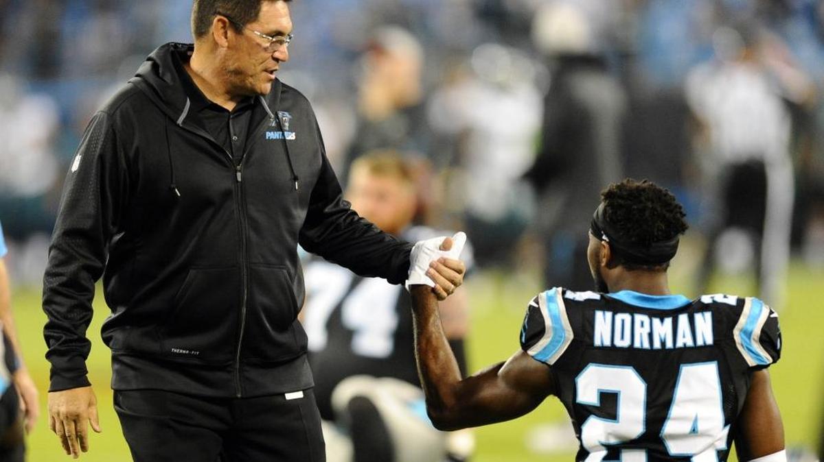Carolina Panthers head coach Ron Rivera says he’s not concerned about wear and tear on cornerback Josh Norman (24), who is 28.