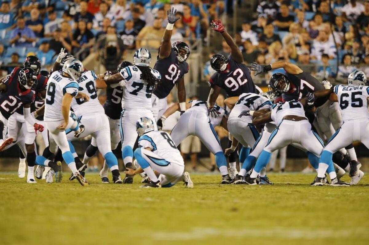 Carolina Panthers kicker Graham Gano missed a 50-yard field goal Wednesday night against Houston, banging it off the left upright, but still has the lead in the battle for placekicker.