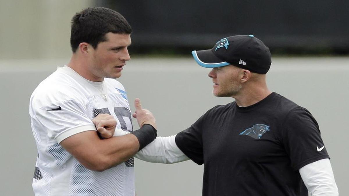 
Carolina Panthers defensive coordinator Sean McDermott (right) can build his defense, which has been among the NFL’s top 10 each of the past two season, around middle linebacker Luke Kuechly (59).
