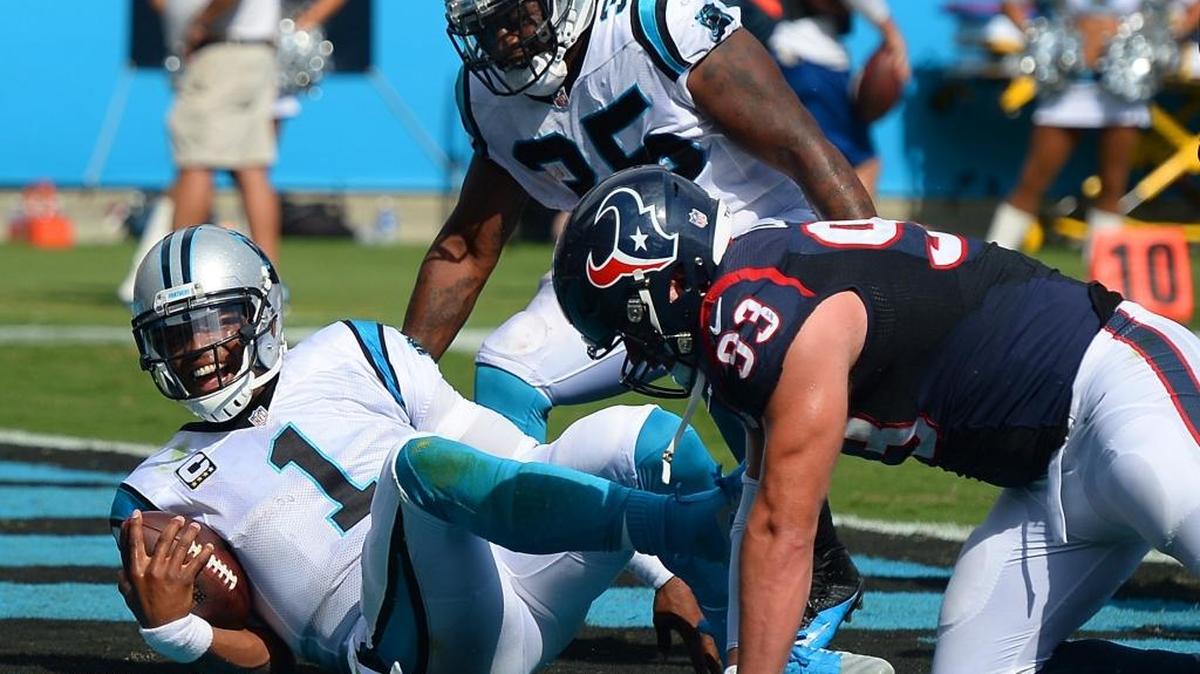 Panthers quarterback Cam Newton smiles after flipping through the air across the goal line for a touchdown during third quarter action vs the Houston Texans.