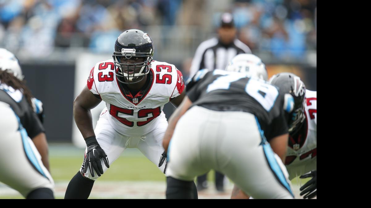 
Atlanta Falcons linebacker Prince Shembo (53) prepares for a play during an NFL game against the Carolina Panthers at the Bank of America Stadium in Charlotte, on Sunday, Nov. 16, 2014. Police have charged Shembo with aggravated animal cruelty after his girlfriend’s dog died from blunt force trauma. 
