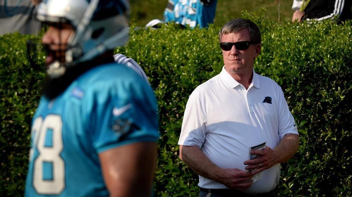 NFL’s investigation of Carolina Panthers interim general manager Marty Hurney, right, was launched after a since-withdrawn complaint by his ex-wife. That probe is nearing its end.