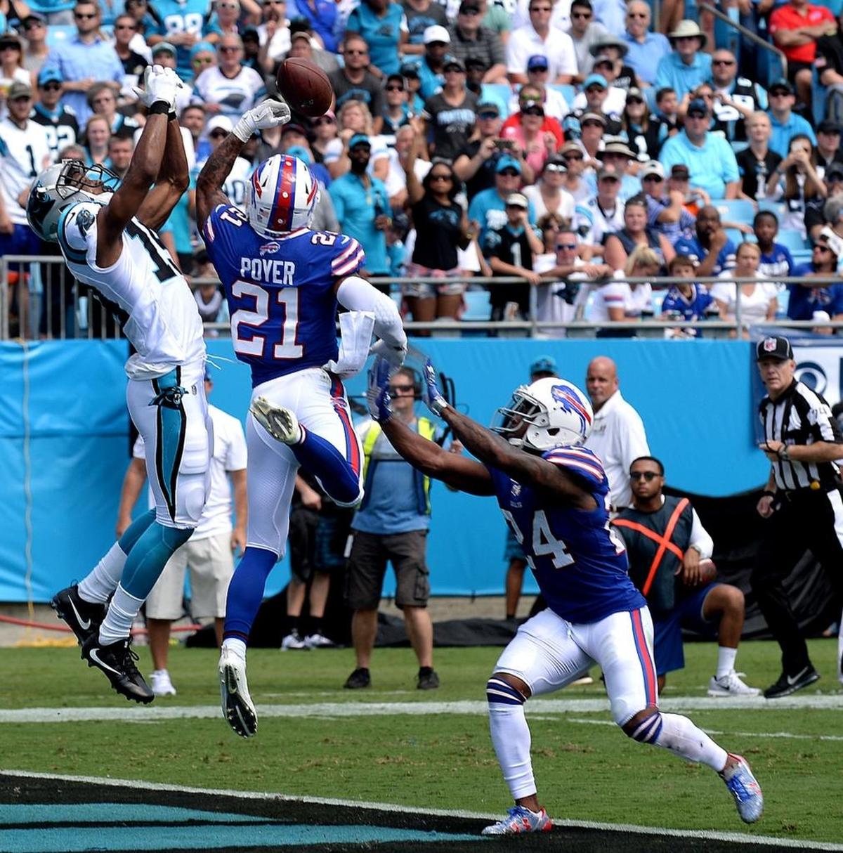Carolina Panthers wide receiver Russell Shepard has a pass from quarterback Cam Newton knocked away by Buffalo Bills safety Jordan Poyer (21) during the second quarter Sunday. Different results on two passes into the end zone could have changed the perception of Newton’s performance.